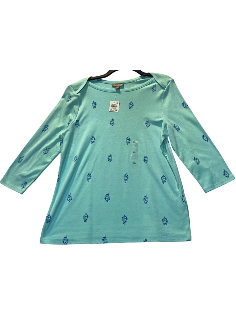 Style & Co Womens Size XL Aqua Paisley Print 3/4 Sleeve Top Pima Cotton